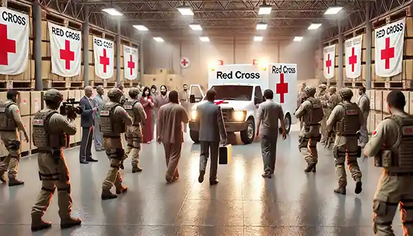 A realistic depiction of Red Cross representatives facilitating the release of hostages in a neutral, professional setting
