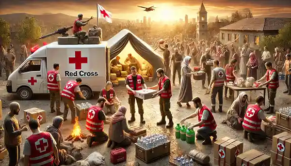 A realistic depiction of humanitarian aid during a ceasefire in a war-torn region