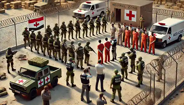 A realistic depiction of a prisoner exchange process during a ceasefire