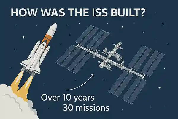 The ISS was assembled piece by piece in space, involving multiple space agencies and over 30 missions.